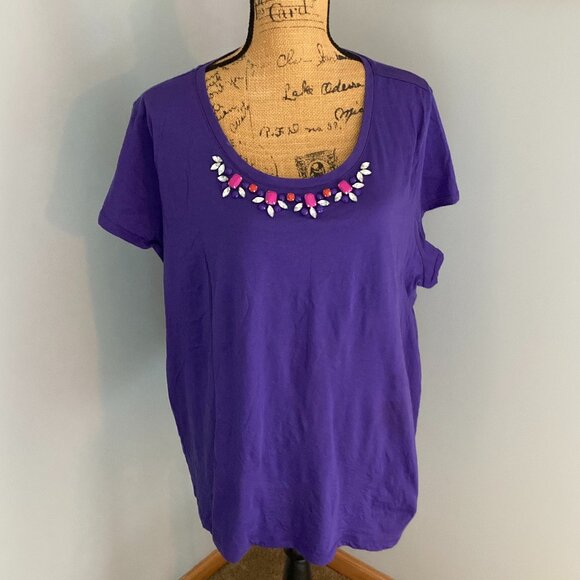 JCPenney Vibrant Purple Beaded Neckline Short Sleeve Tee Women Size 3X - Picture 1 of 14